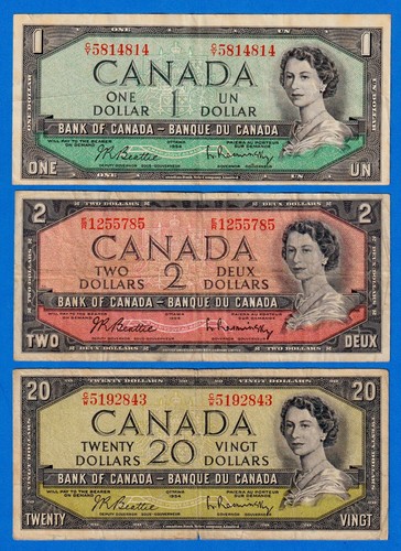 Canada 1954 Lot $1, $2 and $20 ( Same signs) QE II - 3 Circulated Notes - ML#171