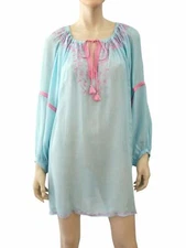 STELLA H. Embroidered Blue Gauze Drawstring Swim Cover-Up Tunic TopONE SIZE