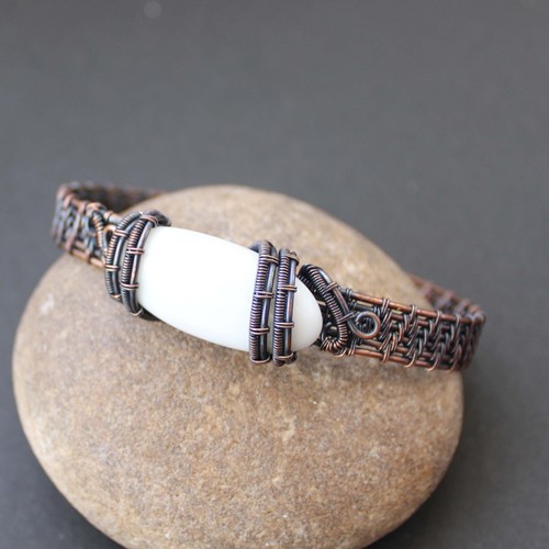 White Onyx Bangle Cuff Copper Wire Wrapped Bangle Cuff Bracelet Handmade Jewelry - Picture 5 of 9