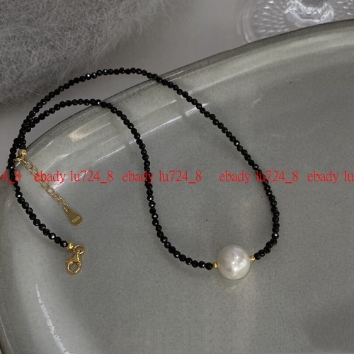 Exquisite 3mm Black Spinel White Shell Pearl Necklace 18" (Not Real Pearls) - Picture 9 of 11