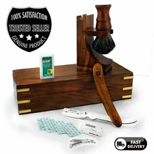 Barber Shaving Set Pure Badger Brush, Straight Cut Razor Stand & Wooden Box Mens