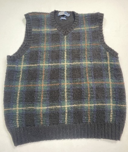 Vintage Polo Ralph Lauren Vest Mens XL Plaid Wool Sweater Sleeveless V-Neck
