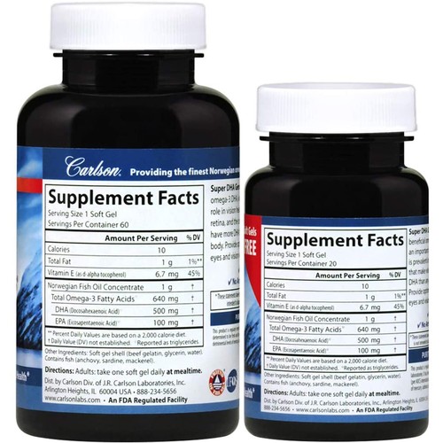 Carlson Labs Super DHA Gems 500 mg, 60 + 20 Softgels - Picture 3 of 5