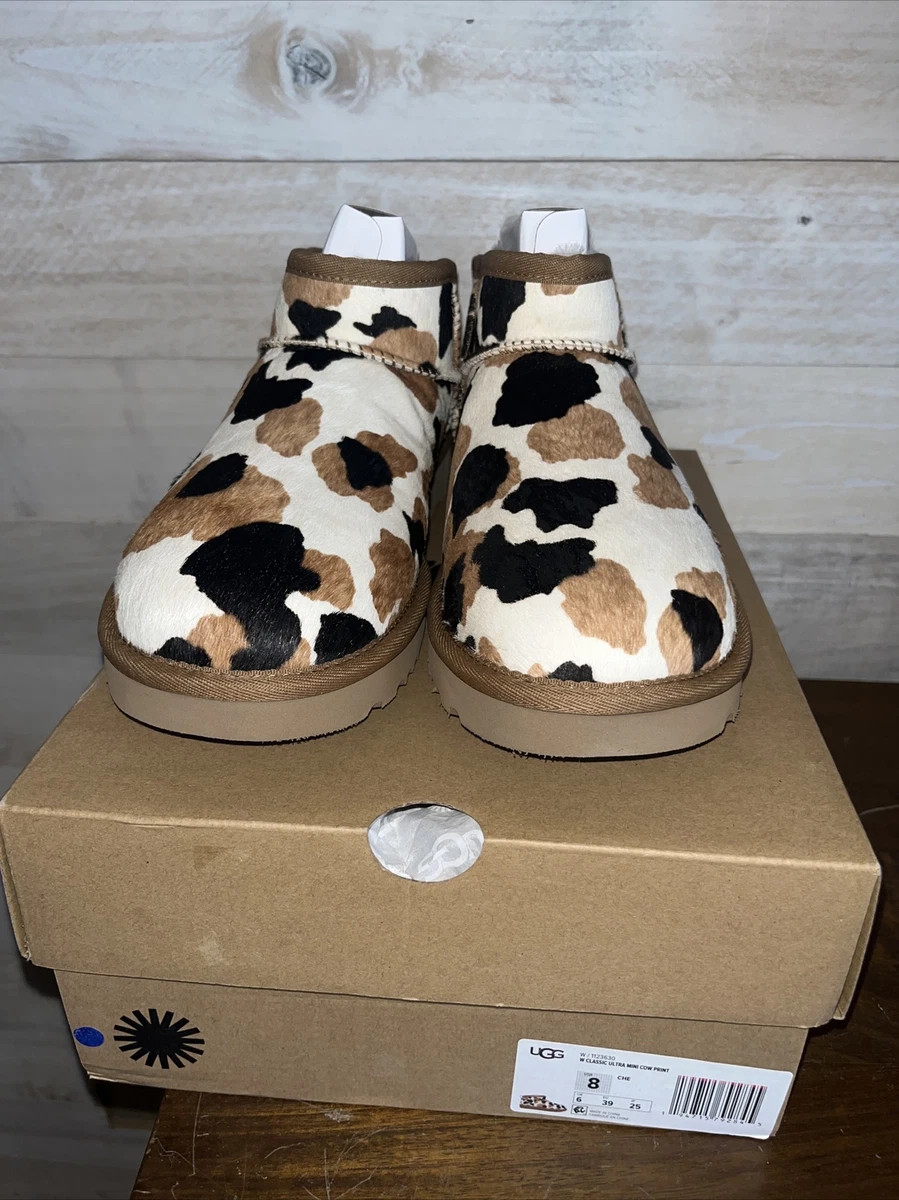 NIB UGG Classic Ultra Mini Cow Print Boot - Chestnut Black White - US size 6