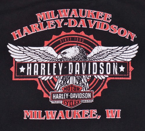 Men's HARLEY DAVIDSON Black Cotton AMERICAN FLAG MOTTOS Milwaukee WI T-Shirt L - Picture 4 of 6