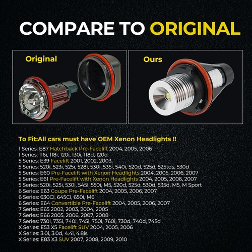 LED Angel Eyes Halo Headlight Bulbs Fit For BMW E63 E64 E87 04-07 E65 E66 02-08 - Picture 2 of 12
