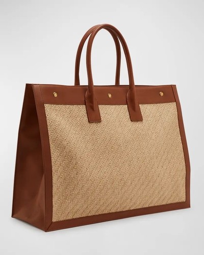 SAINT LAURENT ‘Rive Gauche’ Embroidered Raffia & Leather Tote Bag Natural $2650+ - Picture 6 of 24