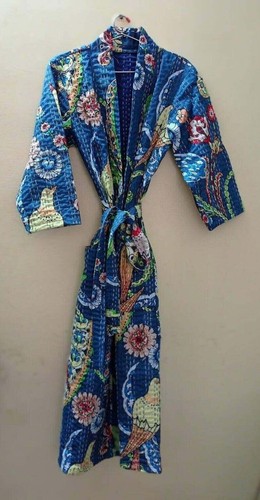 Indian Cotton Kantha Quilt Bird Print Long Kimono Bath Robe Nightwear Gown Dress - Picture 2 of 5