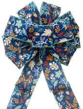 Teal Fall Foliage on Navy Blue Linen Bows - Fall Bows for Wreaths, Signs, Crafts