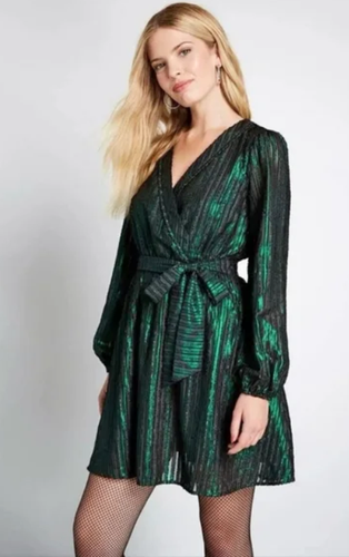 ModCloth Your Time To Shine Green Metallic Iridescent Dress, Sheer Sleeves, SM - Picture 4 of 5