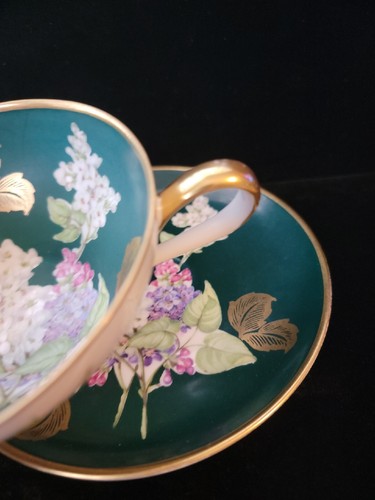 Beautiful KPM Cup & Saucer Set Dogwood Blossoms Green with Gold Highlights - Picture 10 of 10