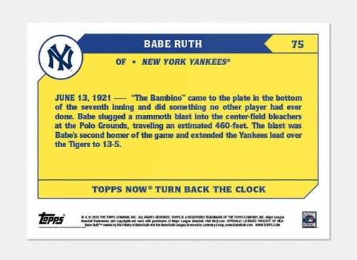 2020 Topps Now Babe Ruth Yankees #75 Turn Back The Clock Card - Picture 2 of 2