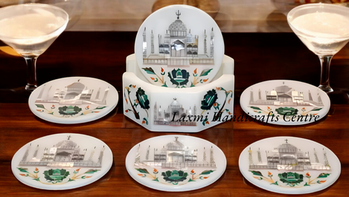 Juego de posavasos de vino de trabajo con incrustaciones de piedra de malaquita diseño Taj Mahal para regalo de Navidad - Imagen 3 de 9