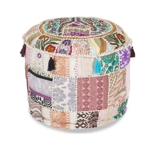 Round Pouf Cover Indian Beige Cotton Seat Footstools Decor Patchwork Moroccan