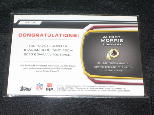 ALFRED MORRIS REDSKIN 2013 TOPPS CERTIFIED EVENT WORN FOOTBALL JERSEY CARD 53/99 - Picture 2 of 2