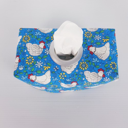 Tissue Box Cover Handmade Blue White Chicken Print Silver Circle Opening - Picture 8 of 10