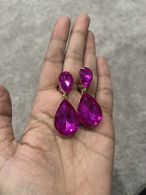 2” Clip On Long Gold Hot Pink Fuchsia Rhinestone Teardrop Crystal