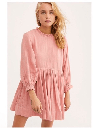 Free People Women Gauzy Boho Cottag Western Long Sleeve Dress S Pink Cowgirl