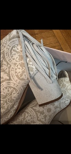 Free People Stars Aligned Ouigal Fringe Heel Glitter Leather Boot Peep Toe Cream - Picture 7 of 7