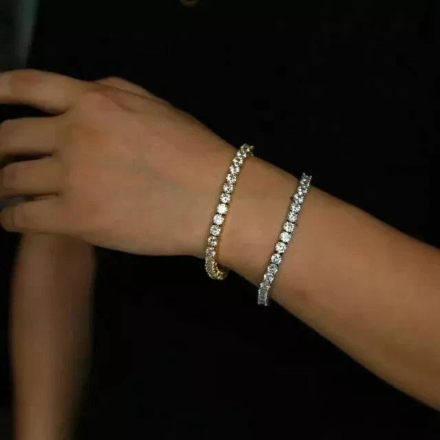 Pulseira feminina folheada a ouro branco 14K com diamante criado em laboratório corte redondo 10 quilates 6,5" - Imagem 4 de 4