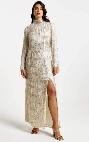 River Island Womens White Maxi Dress High Neck Long Sleeve RRP £300
