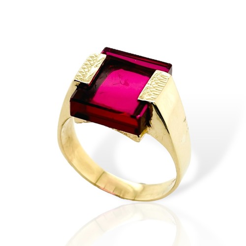 Gents 9ct Yellow Gold Synthetic Red Stone Dress Ring 8.2g Size W Preloved
