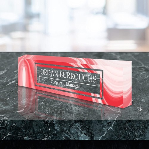 VWAQ Custom Red Wave Design Name Desk Plate On Clear Acrylic Glass - ACS44 - Picture 3 of 6