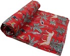 Cotton Traditional Animal Print Kantha Quilt King Red Blanket Bedding Bedspread