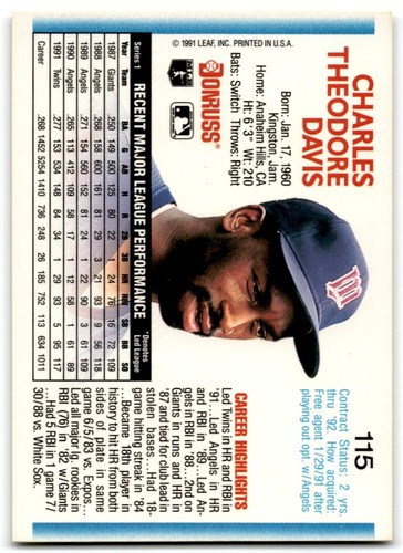 1992 Donruss Chili Davis Minnesota Twins #115 - Picture 2 of 2