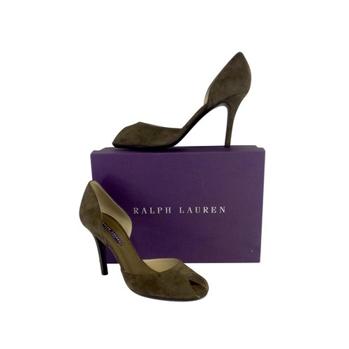 NUEVO RALPH LAUREN Etiqueta Púrpura 7 B Puntera Abierta Amelda Gamuza Tacones Verde Oliva BOMBAS - Imagen 2 de 10