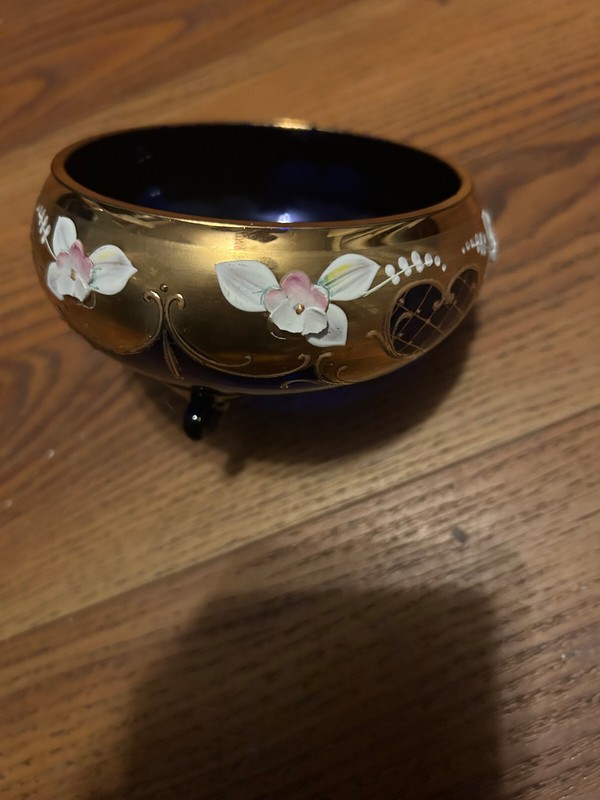 Bohemia Czech Cobalt Blue Round Crystal Bowl Footed Gold Floral Design Vintage