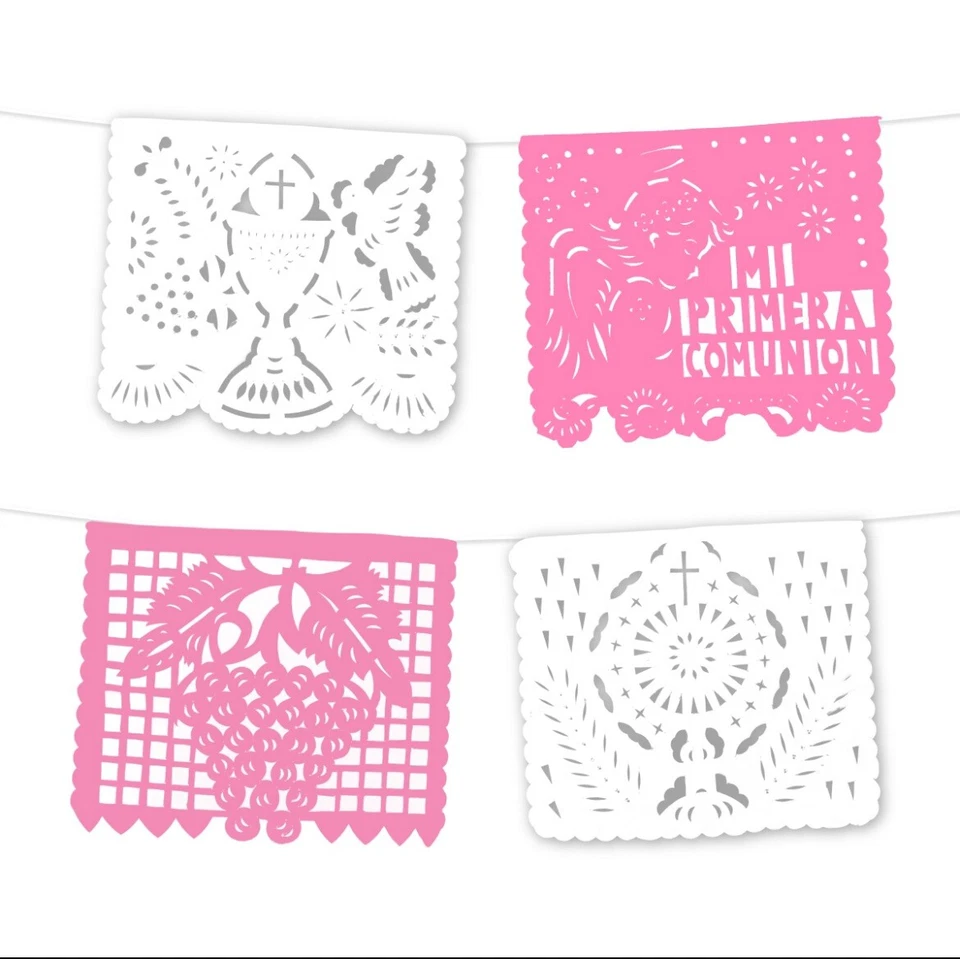 Estandartes Mi Primera Comunion ~ Paquete de 3 pancartas de 18 pies cada una - Papel de plástico rosa picado Foto 3 de 4