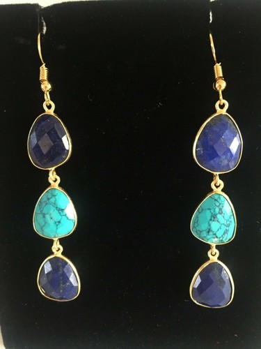 Pendientes colgantes de piedras preciosas chapados en oro 18k hechos a mano lapislázuli y turquesa regalo - Imagen 2 de 2