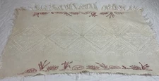 Vintage Antique Table Runner Or Dresser Scarf, Off White, Flower Embroidery, Red