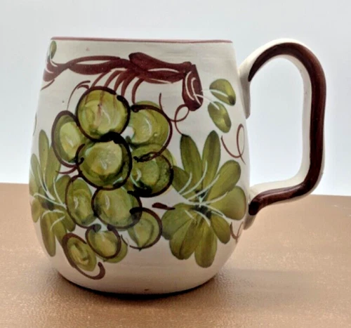Italian Pottery Mug Hand Painted - signed H.H. Green Grapes, 3.75” Tall