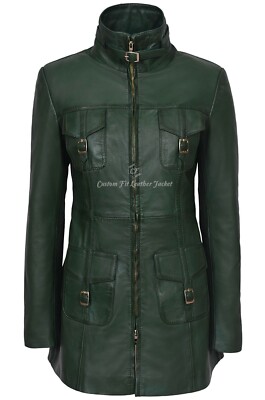 MISTRESS' Damen Lederjacke Grün Napa Mittellang Mantel Freizeit Mode 1310