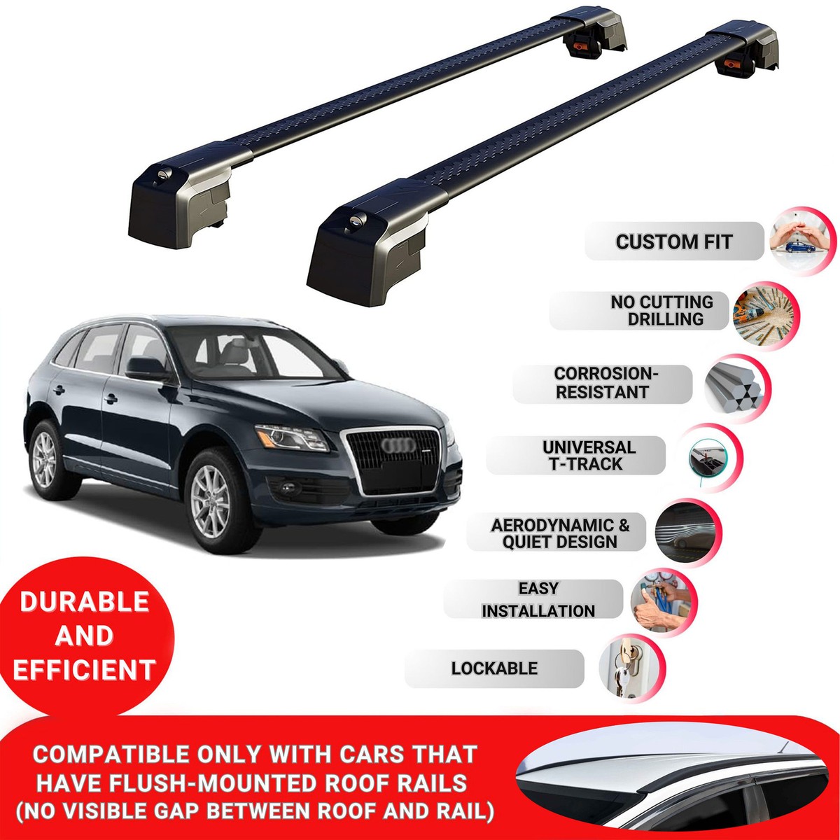 Roof Bars Rack for Audi Q5 (8R) 2009-2017 Lockable Rail Carrier