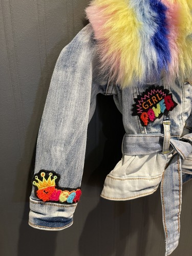 Girls Princess elite denim Jean jacket rainbow Faux Fur Collar Size 2-3 Pride - Picture 3 of 10