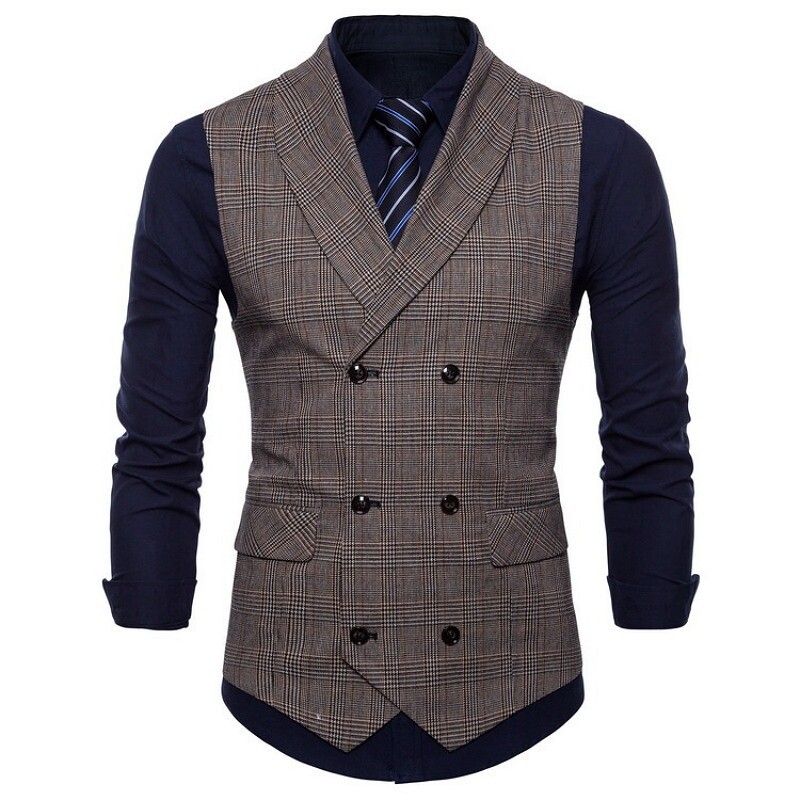 Men's Suit Vest Jacket Double Breasted Check Slim Formal Waistcoat Top ...