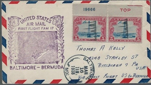 1928 US Sc c11 Top Plate Pair on 1938 Pan Am Baltimore to Hamilton Bermuda