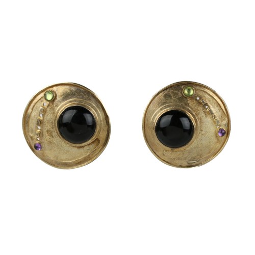 Vintage Signed Janice Grzyb Post Modern Gold on Sterling Silver Onyx Earrings - Picture 1 of 6