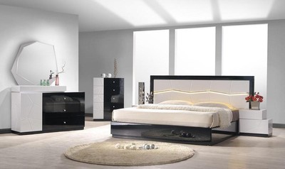 Luxor Modern Queen Size Grey Black W Led Light Bedroom Set 5pc