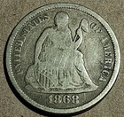 1868-S Seated Liberty Dime – Low Mintage 260,000 – Fine Details – Cleaned #897
