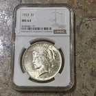1923-NGC MS63 90% Silver Peace Dollar. Uncirculated US Coin.