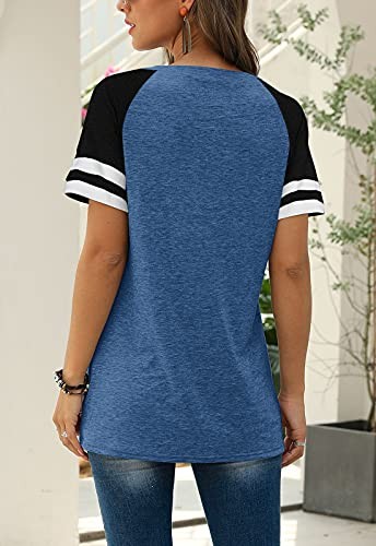 Women Summer Casual Shirts: Short Sleeve Striped Tunic Tops - XX-Large 56 Blue - Picture 5 of 6