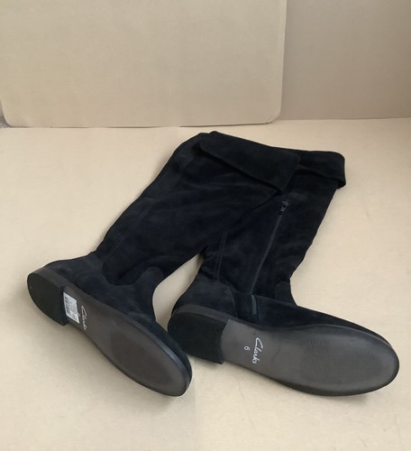 New CLARKS Loch Erin BOOTS ,black suede leather ,knee high, Size 6 EU39 Wide Leg - Picture 1 of 10