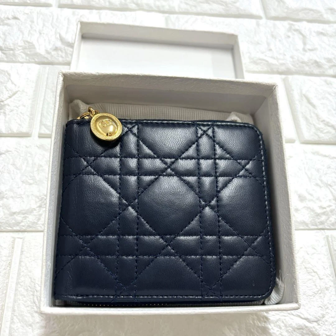 Portefeuille compact Christian Dior Cannage bleu marine