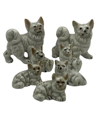 Samoyed American Eskimo Dogs Family of 7 Porcelain Figurines Japan