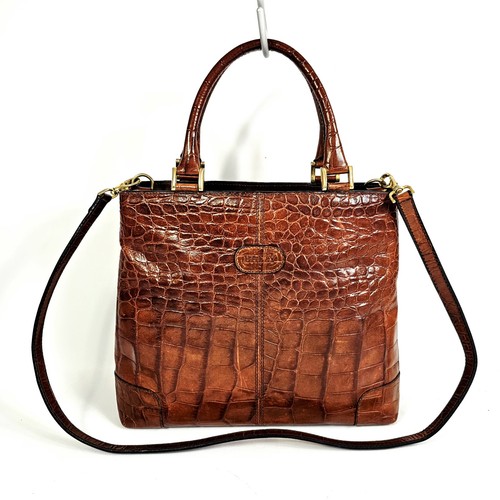 Vintage Bally Brown Crocodile Embossed Leather Handbag W/ Shoulder Strap Auth.