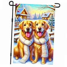  Christmas Garden Flag Golden Retrievers Golden Retrievers Scarves Snow Scene